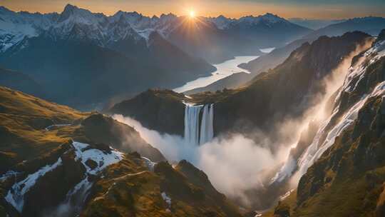 山间瀑布日出全景