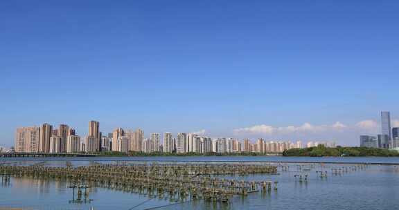 蓝天下苏州美丽金鸡湖城市远景