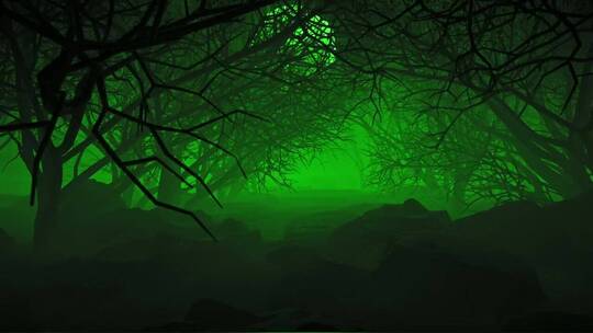 月亮下的黑暗森林和绿色的雾霾