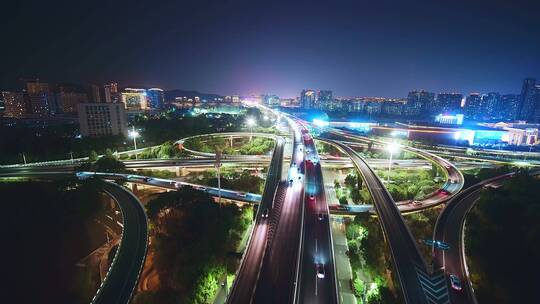 航拍夜晚杭州滨江时代大道高架中兴立交夜景