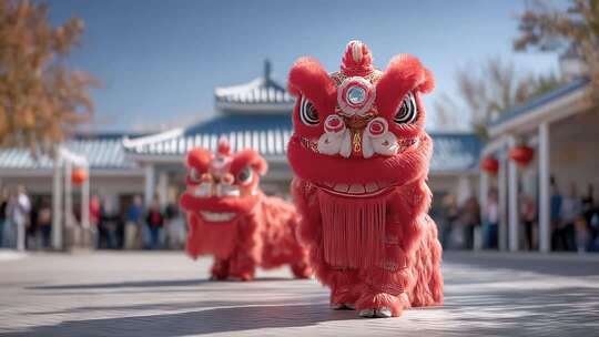 喜庆祥和的中国新年舞狮表演