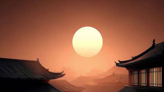 夕阳下的东方古建筑群尽显神秘壮丽