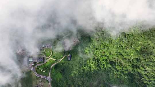 蓝天白云下穿云航拍美丽中国高山森林