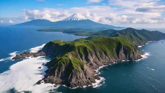 日本富士山与海岸风光俯瞰