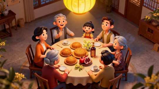 一家人中秋团聚吃月饼场景