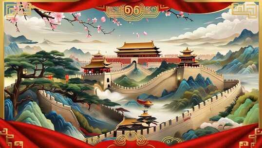 国风古建筑山水背景素材