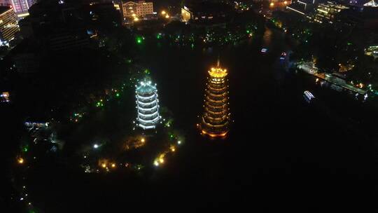 航拍广西桂林日月双塔夜景