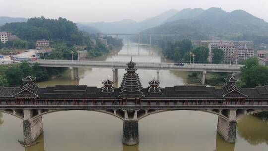 航拍湖南靖州江东风雨桥