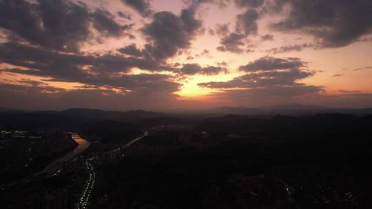 城市夜幕降临日落晚霞夕阳航拍