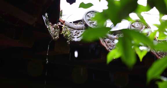 （慢镜头）杭州 古风 下雨天 亭子 屋檐