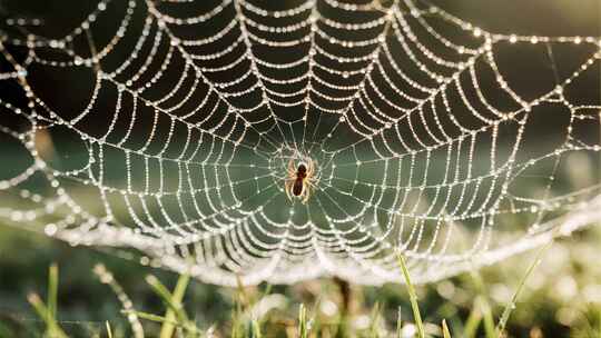 立秋清晨蜘蛛网露珠微距特写视频