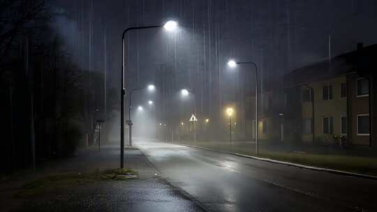 下雨天雨夜城市街道路灯夜晚悲伤情绪emo