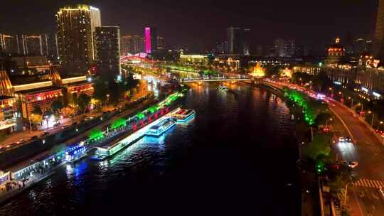 4k夜晚天津海河航拍延时城市夜景灯光