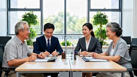 商务人士与老年客户洽谈场景