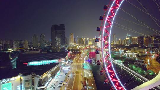 天津市天津之眼摩天轮夜晚航拍风光