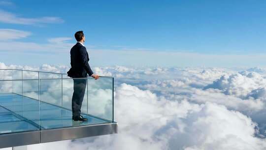 商务男士云海眺望未来成功愿景震撼视频