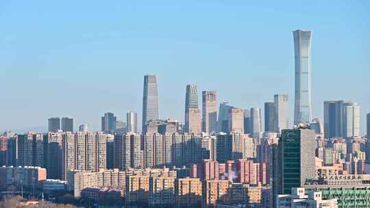 冬季北京国贸CBD城市天际线与车流
