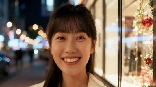 夜晚街头微笑的年轻女性