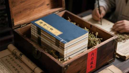 木箱内藏古代书籍与书写场景