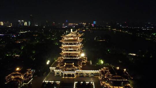 航拍山东济南超然楼夜景