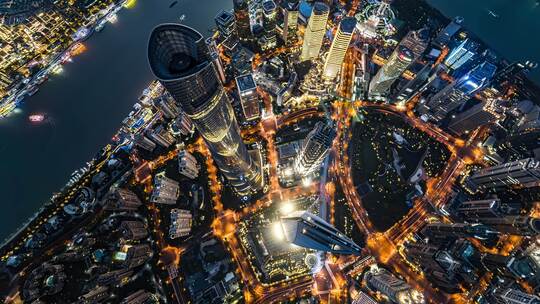 航拍上海夜景陆家嘴外滩建筑群