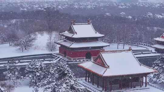 辽宁沈阳北陵公园清昭陵大雪中古建筑航拍