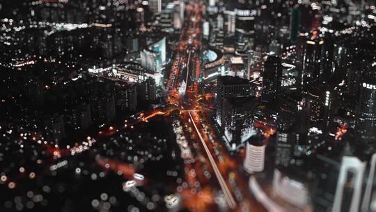 上海街道夜景移轴航拍