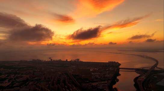 青岛日落航拍 跨海大桥夕阳