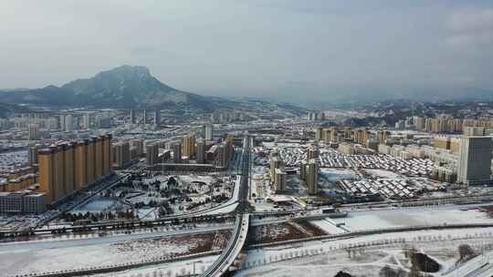 航拍城市雪景  雪后县城