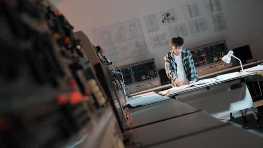 男性工程师查看图纸工作场景测绘画图