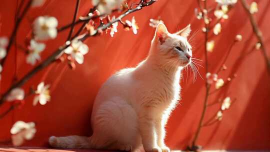 4K春日暖阳红墙白猫可爱猫咪晒太阳特写