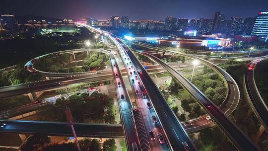 航拍夜晚杭州滨江时代大道高架中兴立交夜景
