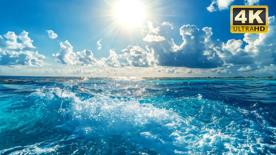 蓝天白云海浪浪花拍打扑向海岸岸边逆光特写