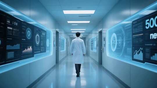 医生行走在科技感医院走廊