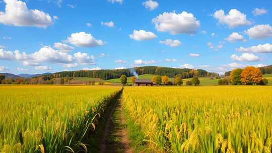 金黄稻田田园风光全景
