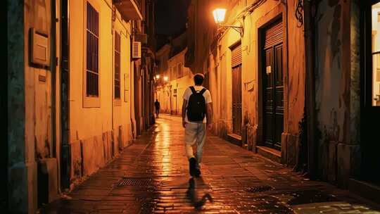 胡同小巷子夜晚行人路灯老旧小区夜景