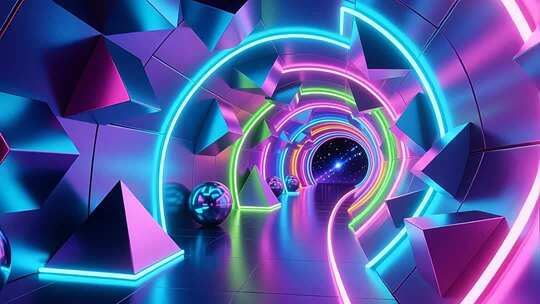 几何建筑空间抽象艺术浪漫梦幻霓虹隧道4K