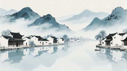 水墨山水古风中式村落风景