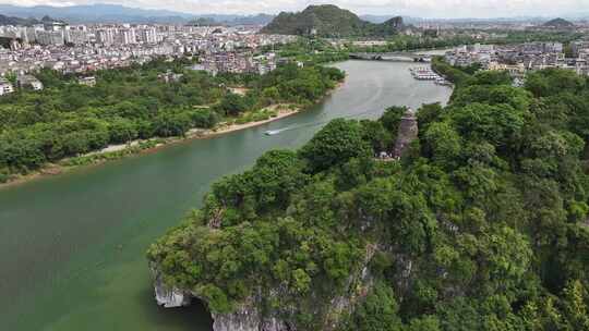 广西桂林榕杉湖景区公园湖心岛航拍城市风光