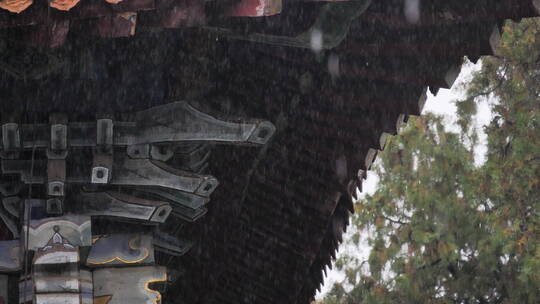 秋季下雨中岱庙古迹古建筑屋檐滴水雨中景色