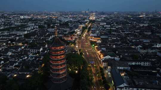 苏州古城报恩寺北寺塔景区夜景（航拍运镜）