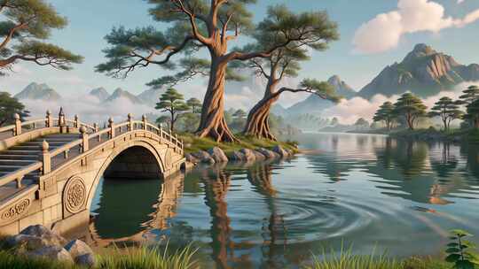 中式山水风景石桥场景