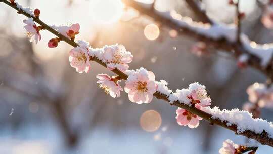枝头覆雪的粉色花朵特写