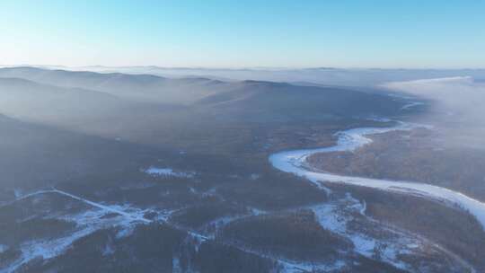 延时航拍林海雪原黎明冰河冻雾