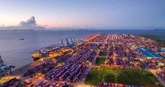 广州南沙港货运集装箱码头夜转日出航拍延时