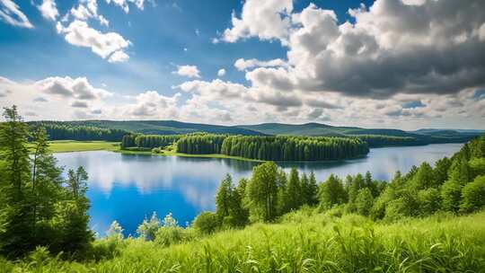 森林湖泊自然风光全景