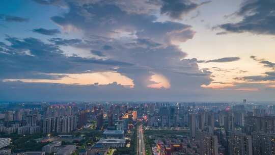 航拍西安日落火烧云漫画云城市夜景西长安街