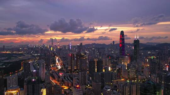 深圳罗湖高楼大厦罗湖夜景晚霞火烧云航拍前进视频素材模板下载