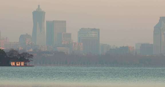 杭州西湖环湖风光西湖与城市建筑同框空镜