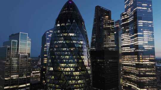 城市航拍英国伦敦市中心摩天大楼夜景灯光